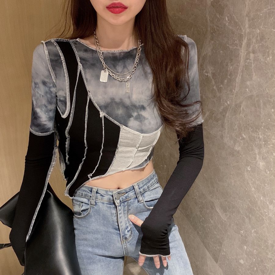 Real price slim tie dye color matching irregular T-shirt bottom coat short round neck long sleeve top