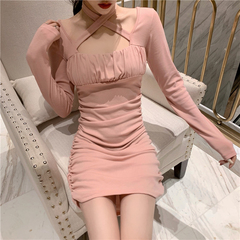 Real auction real price careful machine sexy slim bottom skirt pleated neck cross bandage dress