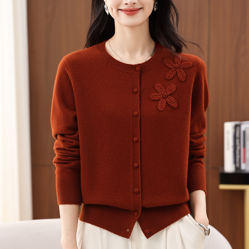 2026春装新款女装花朵圆领纯羊毛开衫女宽松洋气妈妈针织毛衣外套,女装/女士精品,毛针织衫,淘宝优惠券,粉丝福利购,淘宝优惠卷