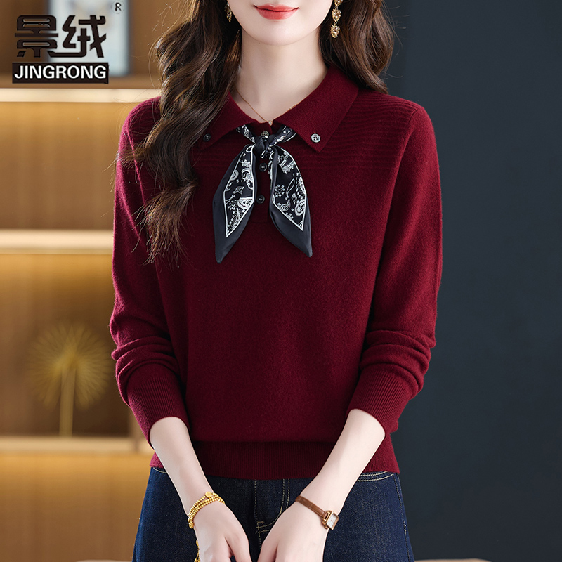 中年妈妈羊毛衫女针织小衫秋冬季气质显瘦丝巾毛衣打底洋气上衣