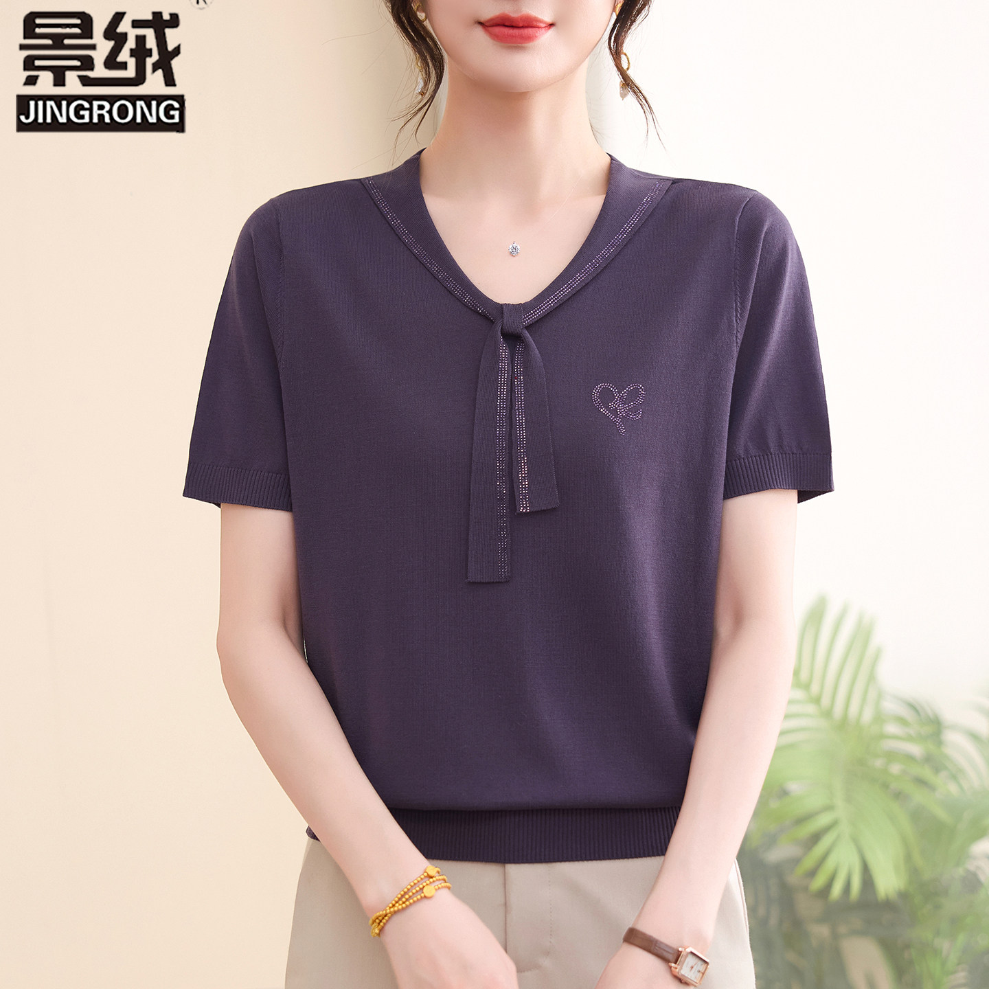 夏季莱赛尔天丝V领短袖T恤针织衫女大码中年妈妈显瘦洋气冰丝上衣