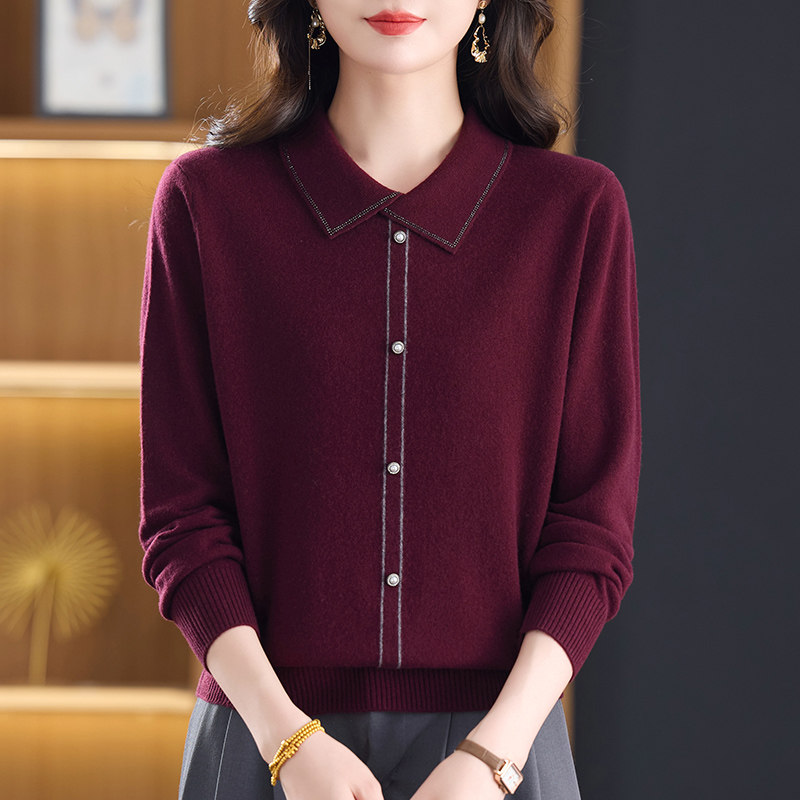 纯羊毛翻领针织衫上衣女套头毛衣宽松气质百搭中年妈妈秋冬羊毛衫