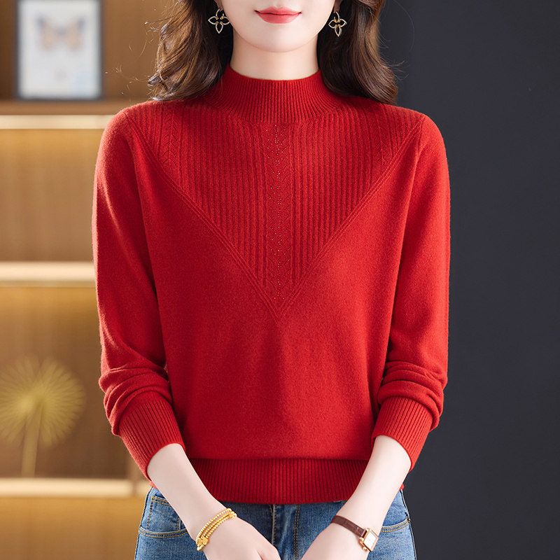 100纯羊毛衫女秋冬宽松半高领毛衣中老年妈妈洋气打底衫内搭上衣