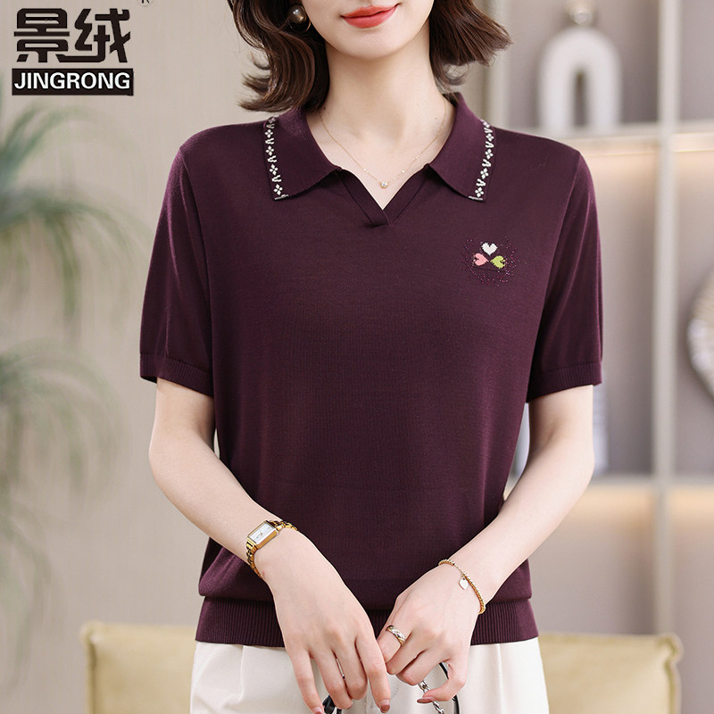 妈妈装莱赛尔polo领短袖T恤针织衫女夏宽松气质显瘦翻领天丝上衣