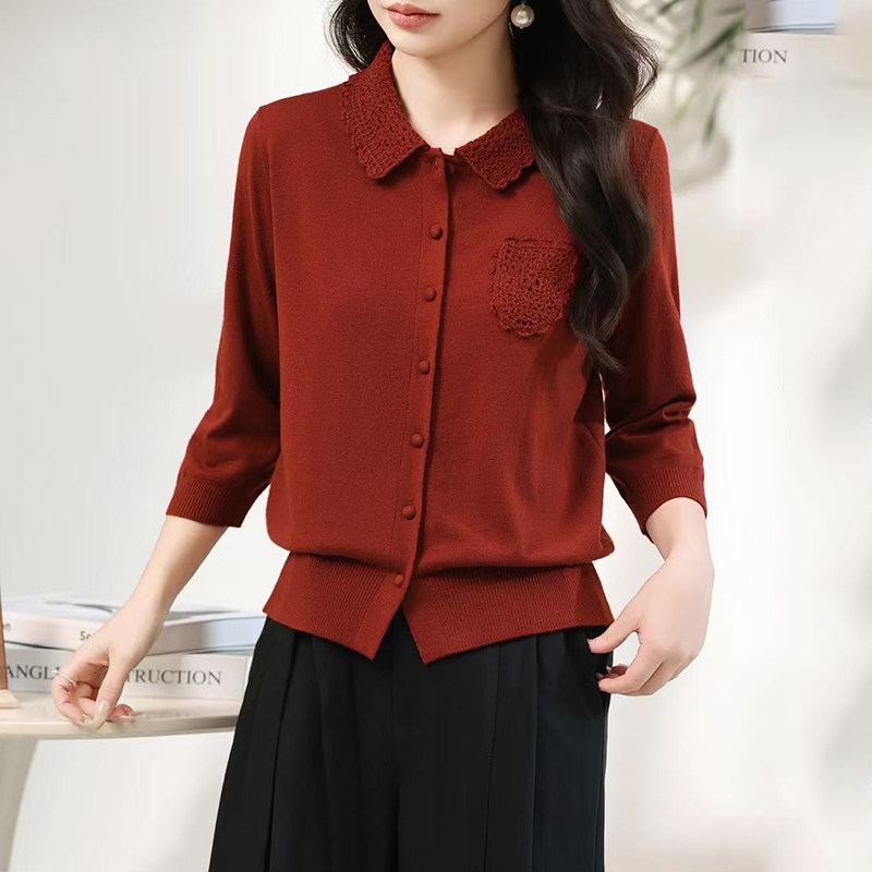 时尚薄款翻领羊毛针织开衫女宽松七分袖气质减龄妈妈高贵漂亮上衣
