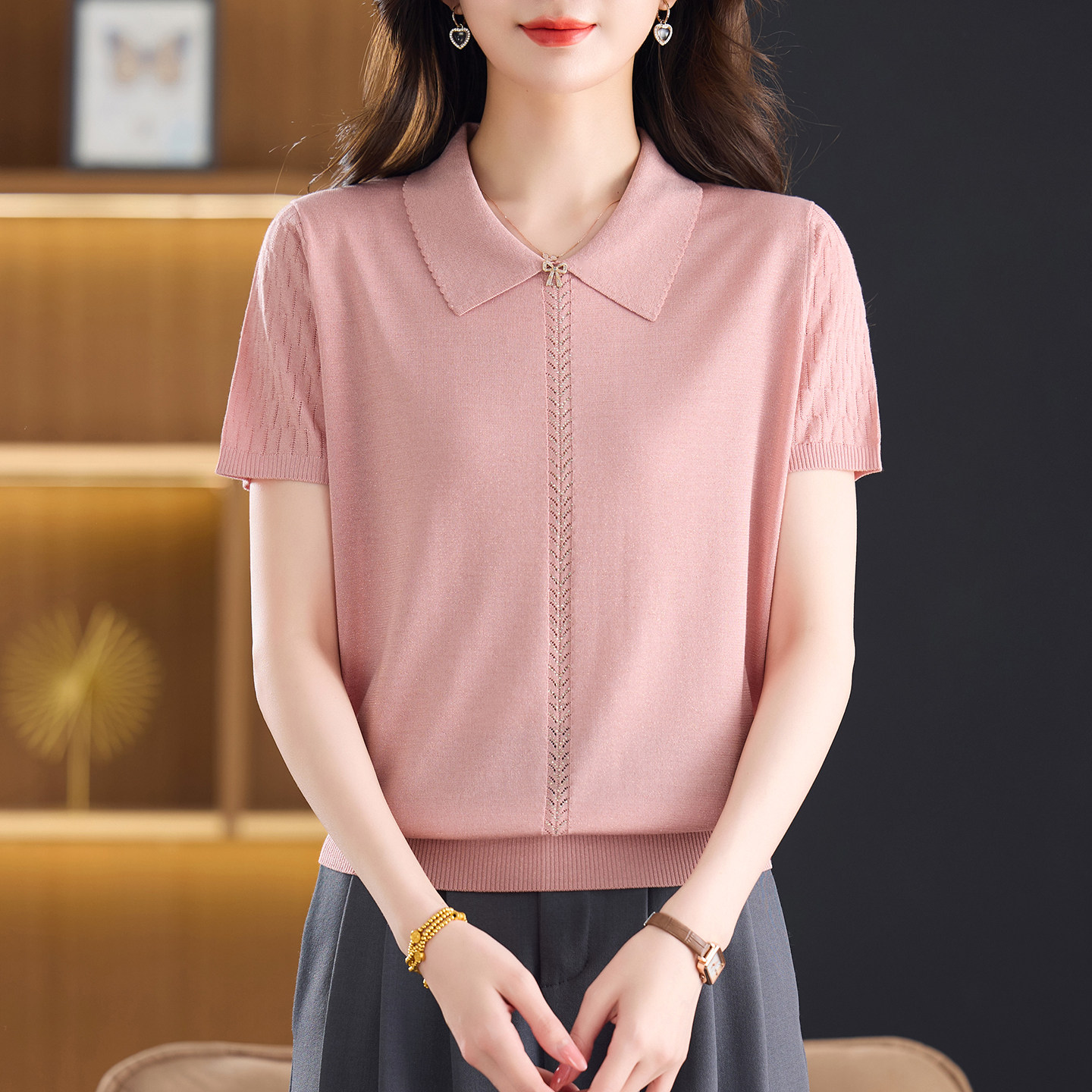 气质polo领针织天丝短袖T恤女夏季宽松大码显瘦洋气冰丝上衣小衫