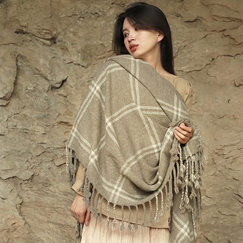 橘语25新款牦牛绒本色加厚加大保暖毯子流苏格子披肩毯天然污染色