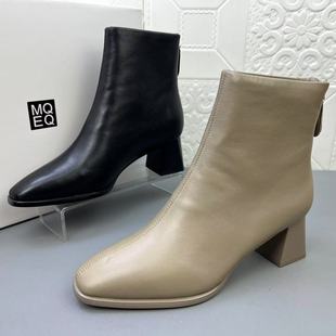 意大利进口羊皮时装女靴瘦瘦靴里外全真皮冬季新款粗跟通勤短靴子