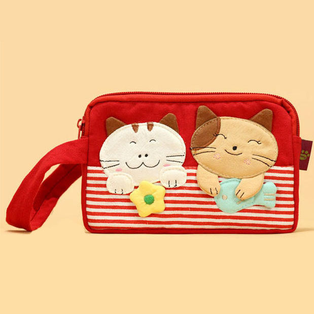 韩版女士条纹拼布猫猫三层大容量纯棉钱包大屏手机包拉链手拿包