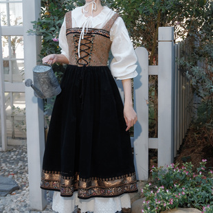 枕梦村庄 苏珊娜 复古森系田园俄罗斯民族风情少女拼色连衣裙秋款