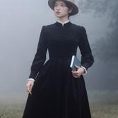 法式 枕梦村庄 玛丽小姐 复古宫廷蕾丝花边立领灯芯绒连衣裙秋冬新