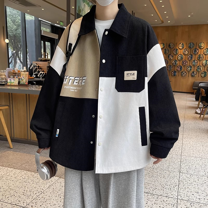 拼色衬衣外套男春秋季2025新款衬衫式夹克宽松潮流加肥加大码男装