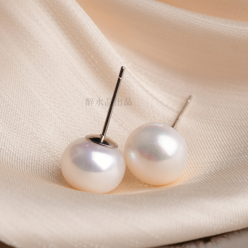天然白色淡水珍珠耳钉纯银 女款时尚简约耳饰饰品礼物 9.6mm D225