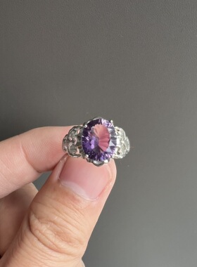 天然紫水晶烟花切纯银戒指 S925银活口 女款时尚饰品 Y232