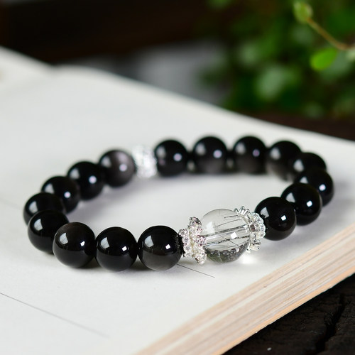 高品质天然银曜石搭配黑发晶原创单圈手链 女款手串饰品 LH307