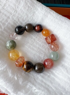 天然多宝水晶胶花双尖方糖手链 黄虎眼黑金超绿发绿龙晶 LH706