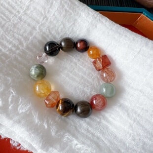 天然多宝水晶胶花双尖方糖手链 黄虎眼黑金超绿发绿龙晶 LH706