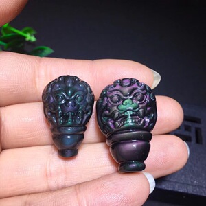 天然彩虹眼黑曜石双面一体式貔貅三通佛头 H59