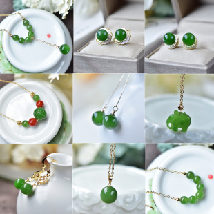 天然俄罗斯和田碧玉耳钉 耳饰 耳坠14K包金镶嵌 白玉耳钉 饰品