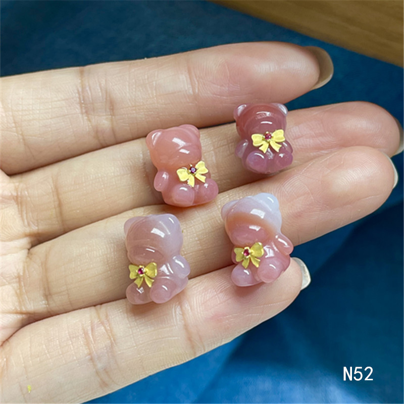 天然粉盐源玛瑙暴力熊通孔纯银配件 可爱小熊 n52