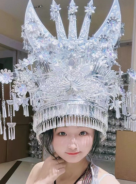 彝族苗头饰花复古帽子银戴