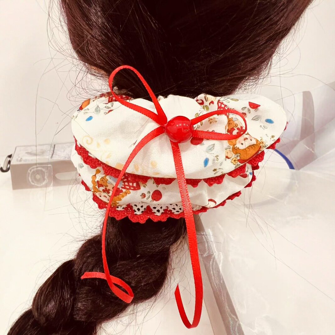 少女~甜美红色丝带蝴蝶结蕾丝大肠发圈手作布艺少女发绳新款