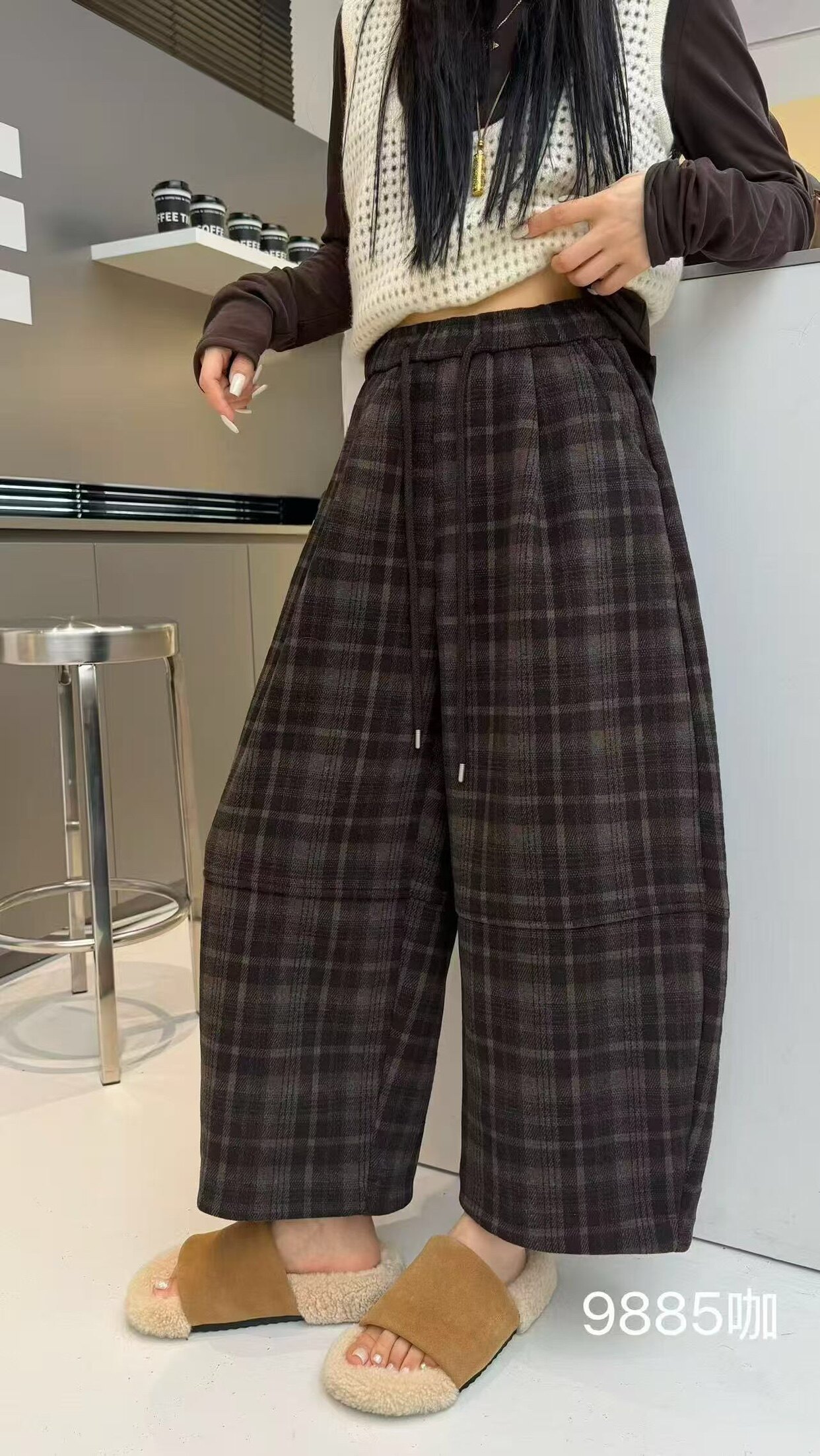 木子家冬季9885加厚加绒格子九分宽松阔腿裤女高腰显瘦直筒休闲裤