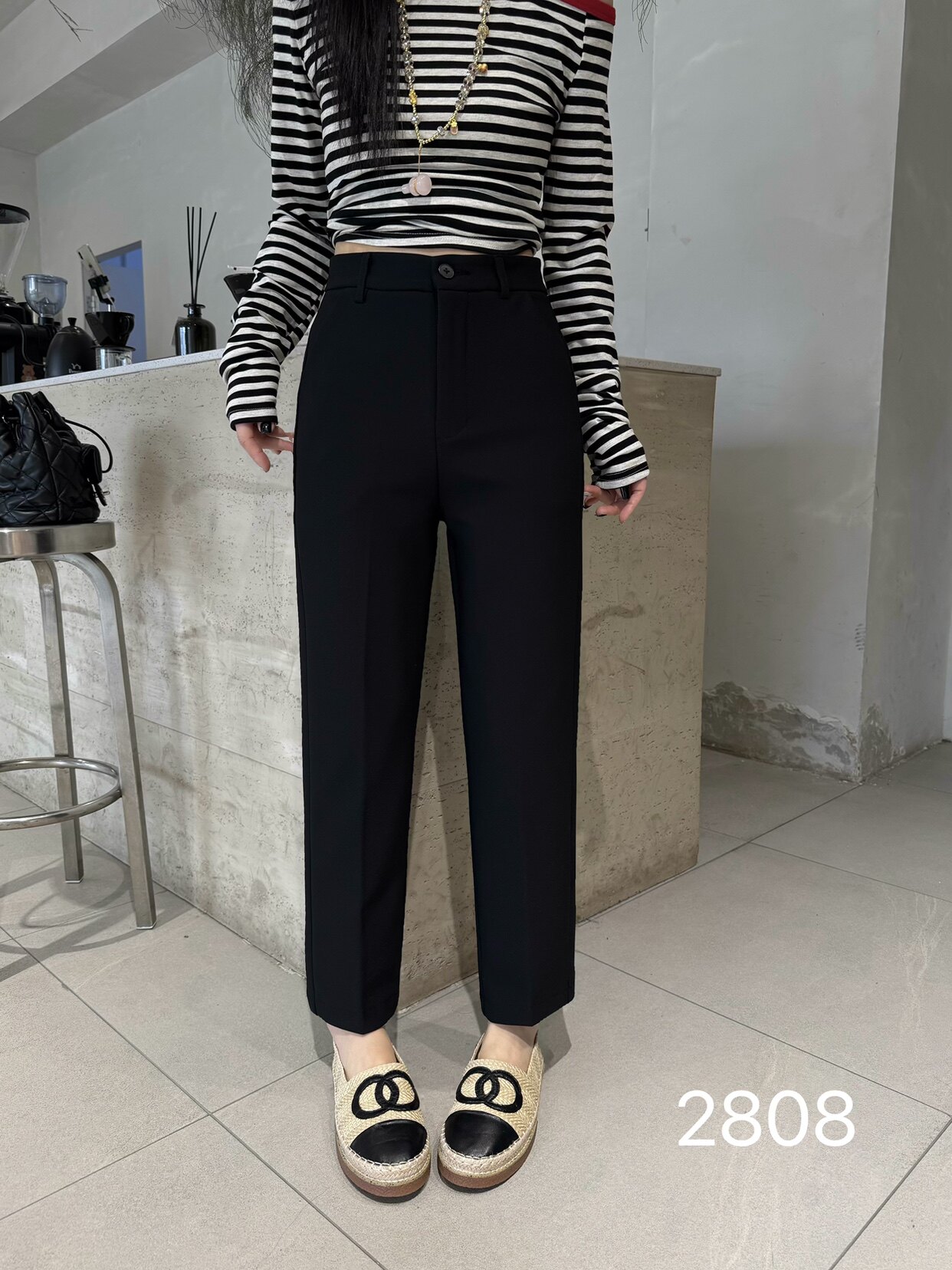 木子家春季2808高腰洋气西装休闲裤韩版显瘦黑色九分裤后开衩女裤