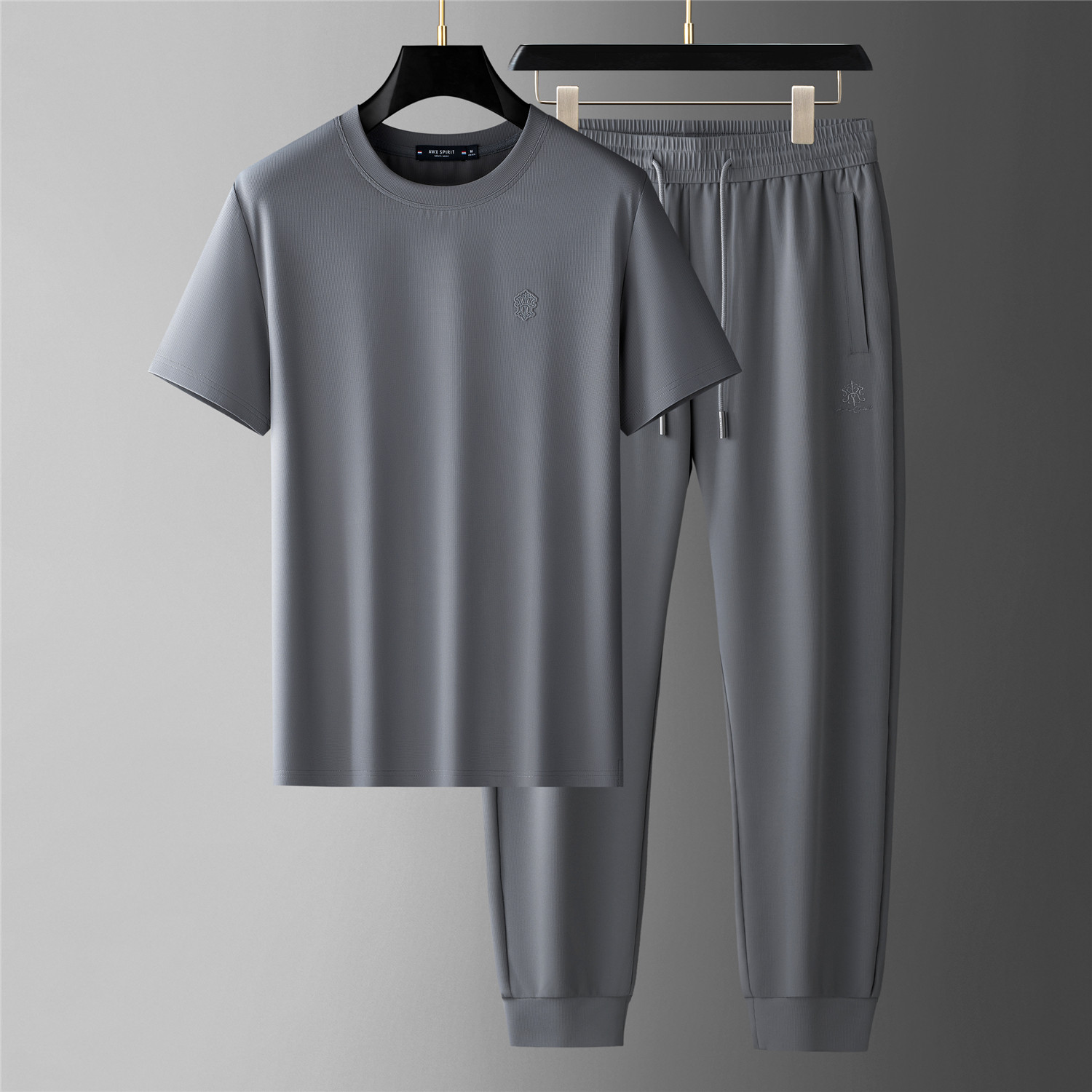 夏装男士圆领短袖T恤修身束脚裤长裤两件套休闲运动套装中年男装