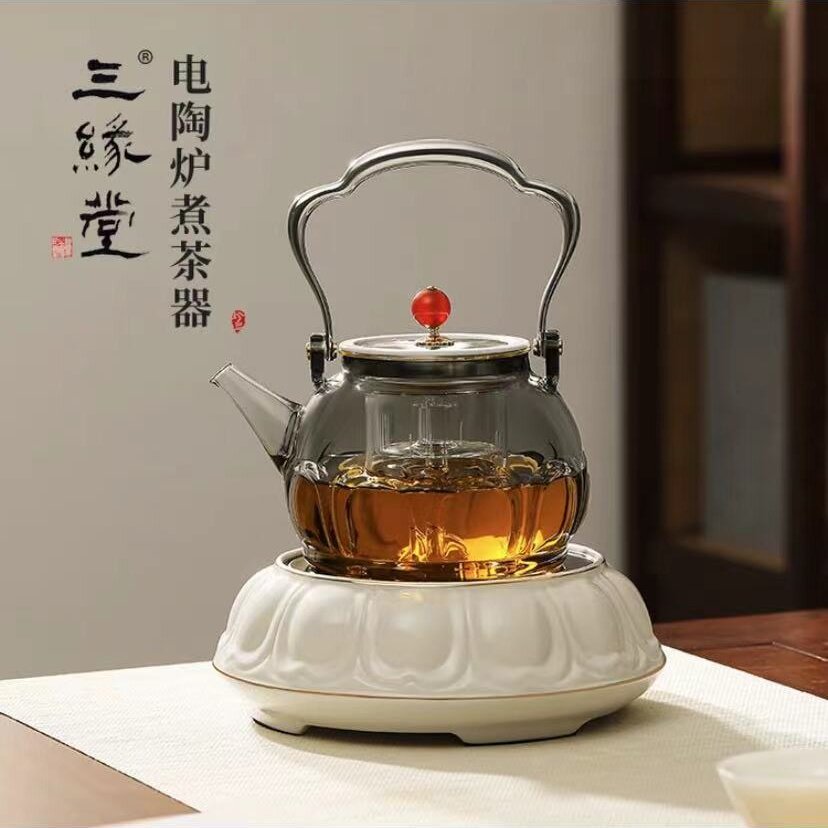 三缘堂电陶炉莲花陶瓷静音煮茶器煮水蒸煮一体玻璃壶茶道古风茶炉