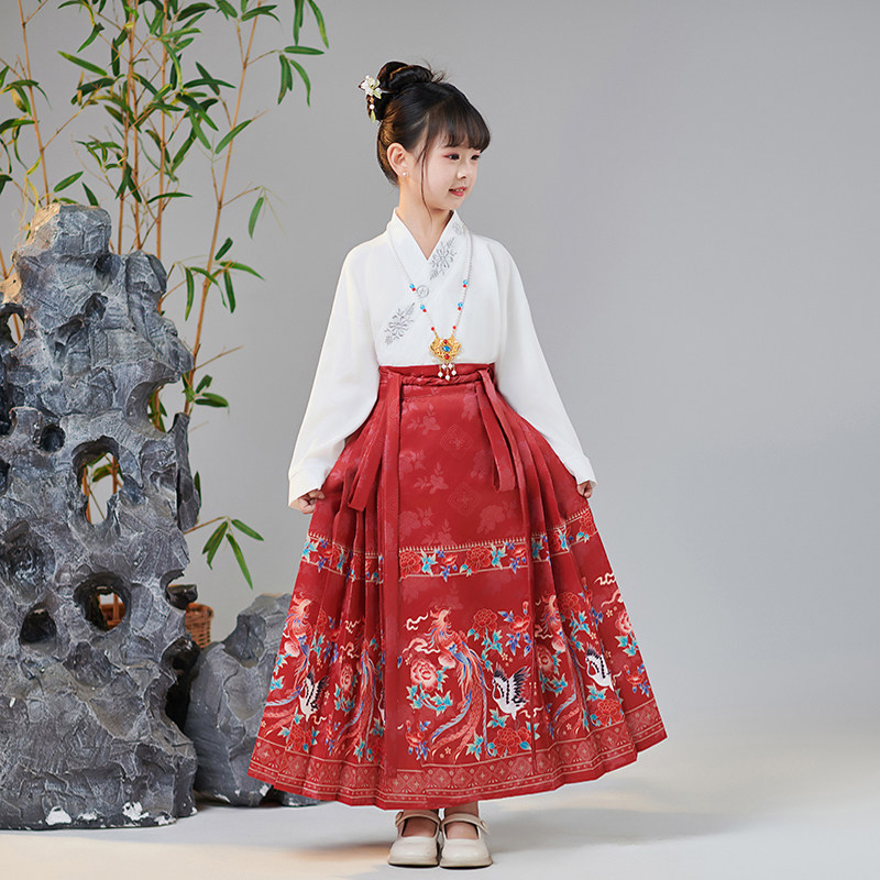 新款马面裙女童长袖套装女孩中国风汉服明制改良唐装儿童古装走秀
