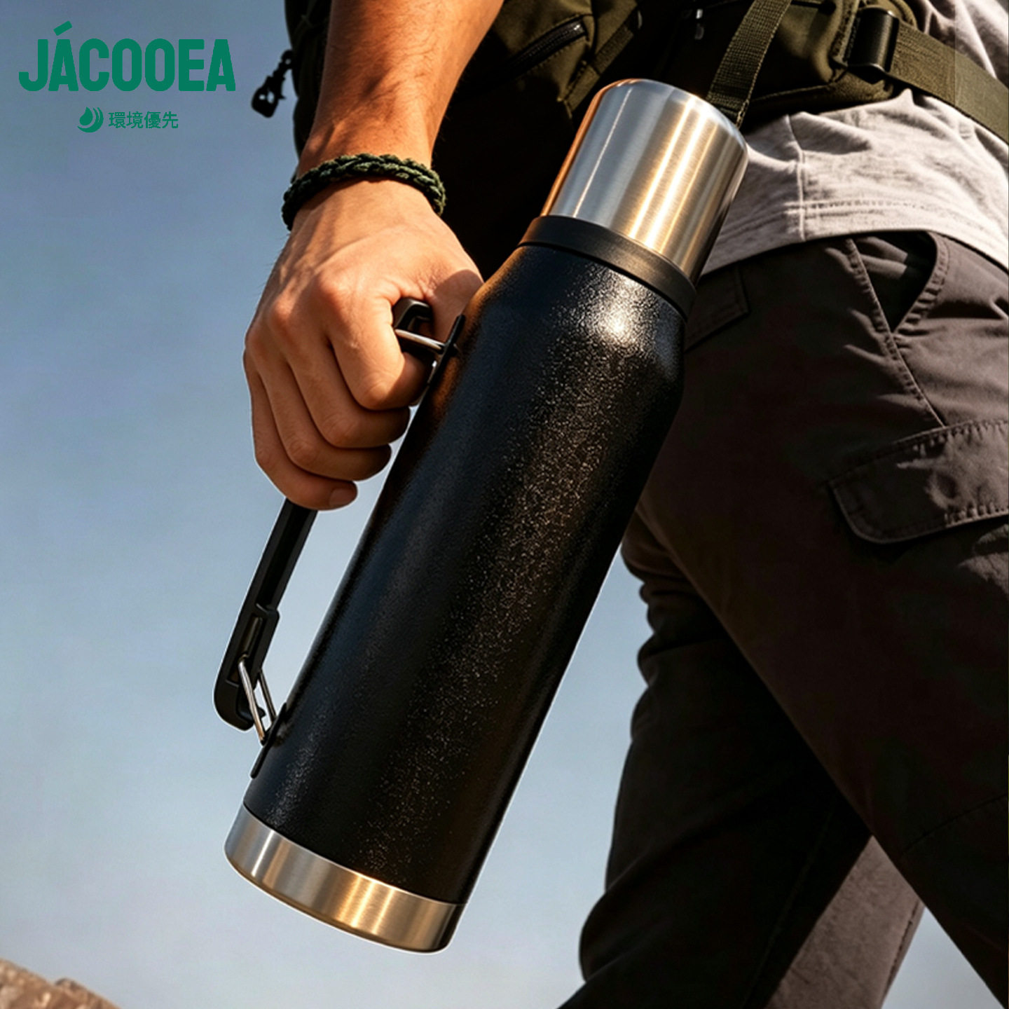 JACOOEA伽客大容量304不锈钢保温瓶户外折叠握把便携1L保温壶