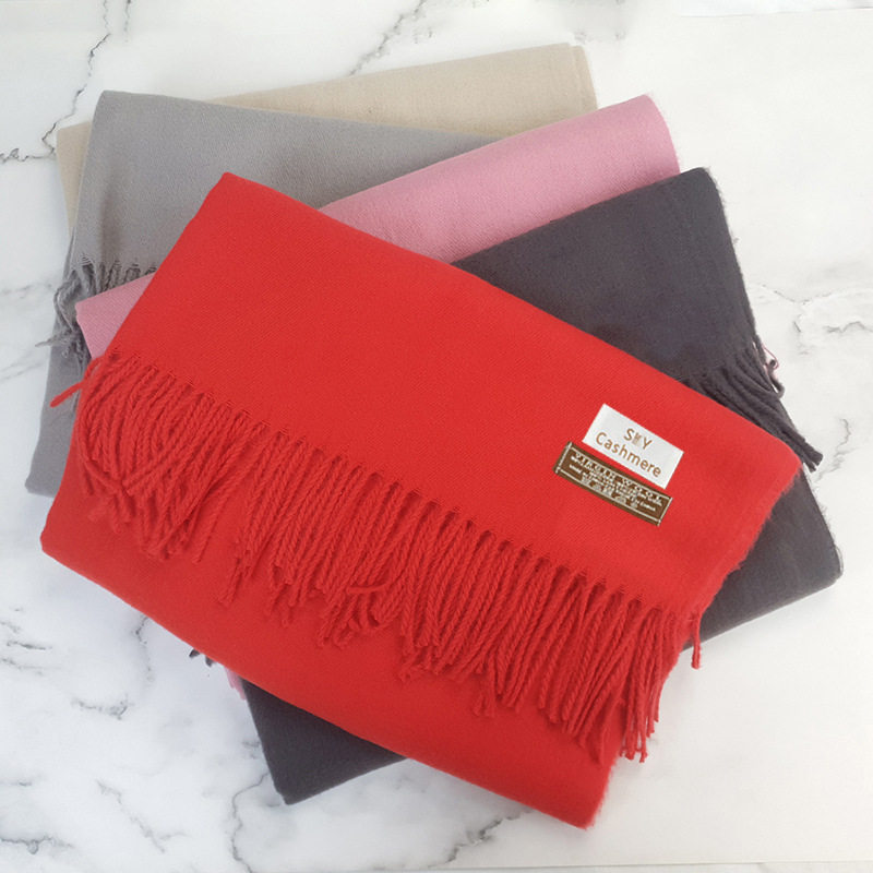 外贸大红色仿羊绒围巾加厚纯色女士羊绒围巾 冬天高级感羊毛披肩