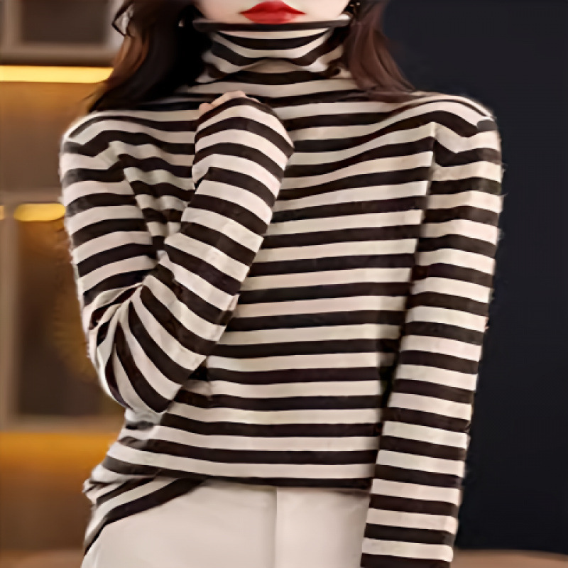 轻奢秋冬堆堆领条纹针织衫女高级感洋气内搭打底修身毛衣高领上衣