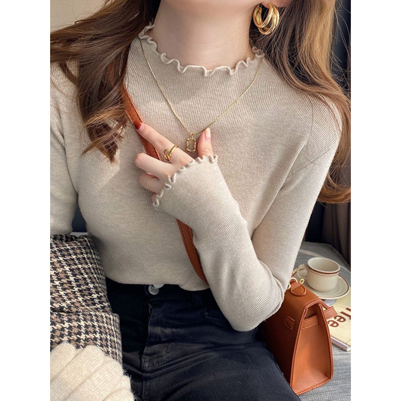 高端洋气内搭打底衫女2025年秋冬新款木耳边半高领毛衣针织衫上衣
