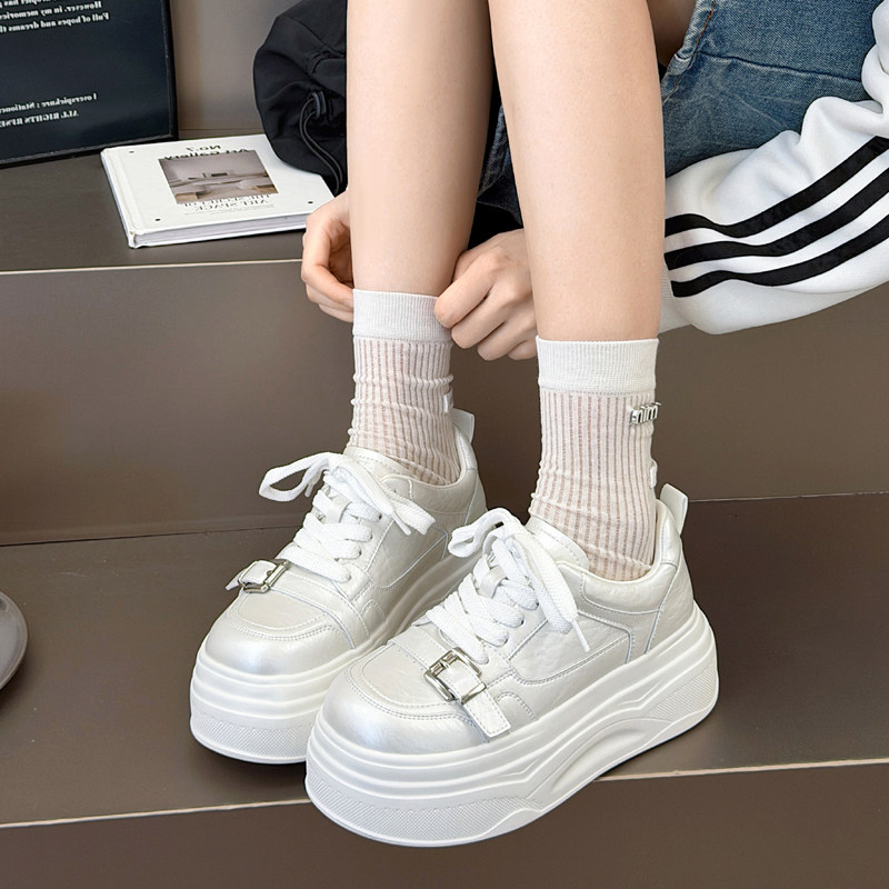 富丽韩式风厚底增高小白鞋女2026真皮系带休闲松糕鞋运动鞋316-38