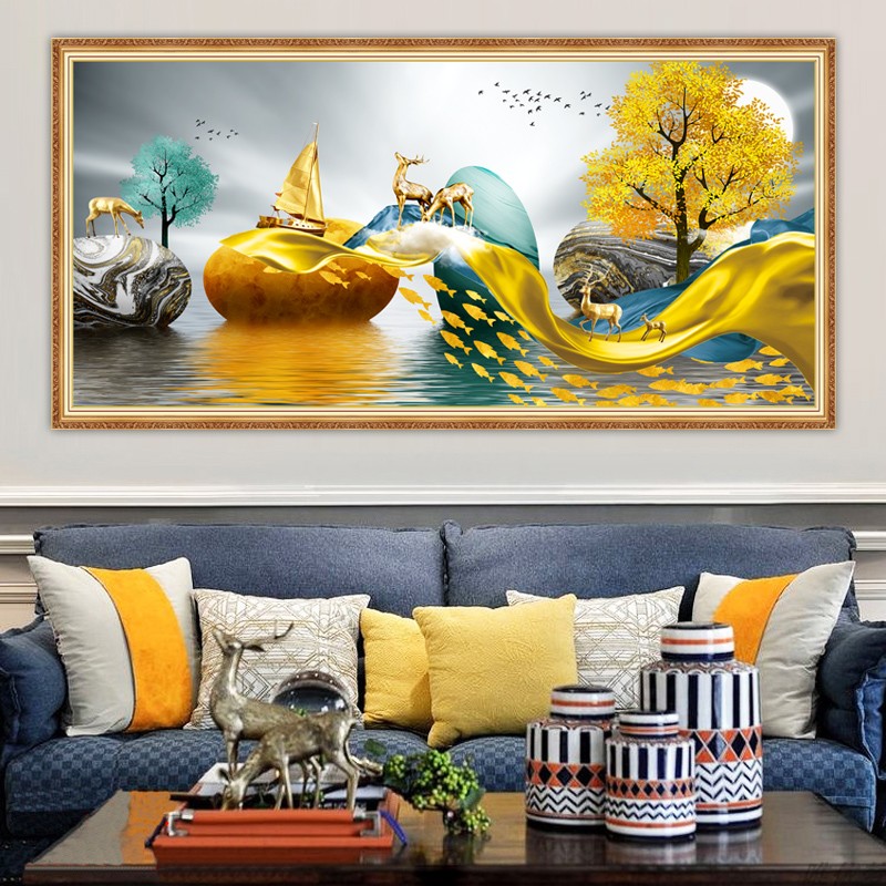 北欧现代简约装饰画发财鹿客厅沙发背景墙壁画大气卧室床头贴纸画图片