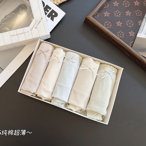 缇娅朵正品5条装薄款长绒棉中腰内裤女蚕丝棉裆舒适蕾丝边三角裤
