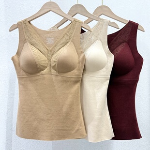 山羊绒桑蚕丝保暖背心3305秋冬加绒德绒显瘦发热打底带胸垫上衣女