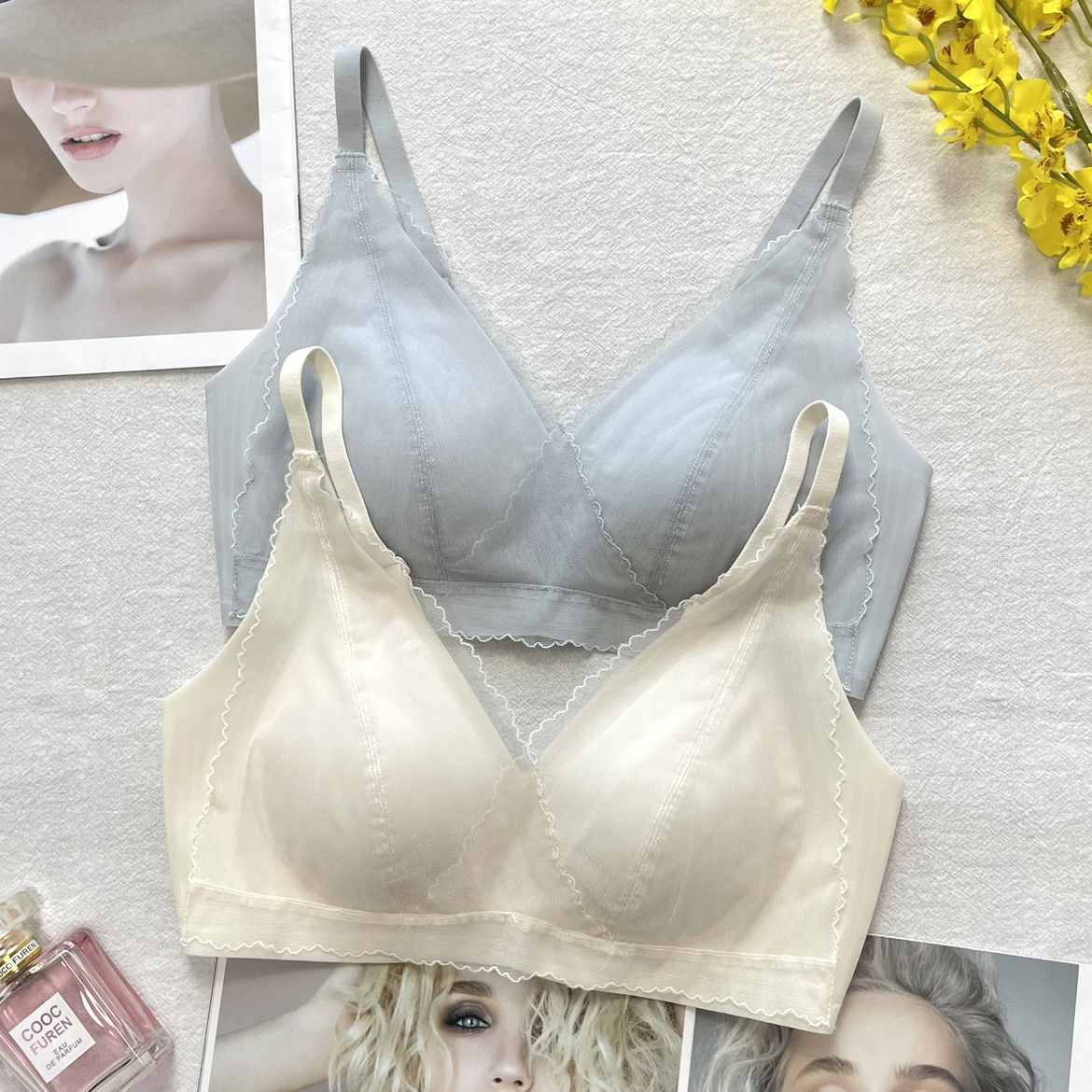 古妃正品蕾丝美背内衣女聚拢防外扩无钢圈舒适透气固定杯薄款文胸