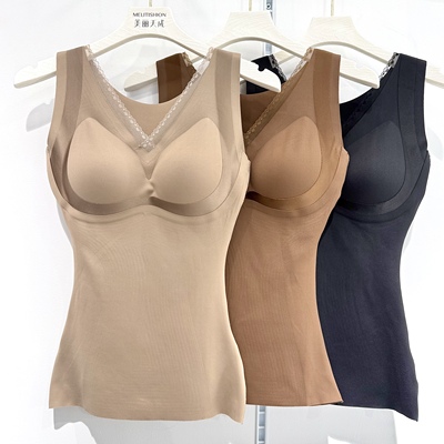 古妃新款秋冬塑形磨毛保暖背心女收腹美体收腰聚拢塑身带胸垫内衣