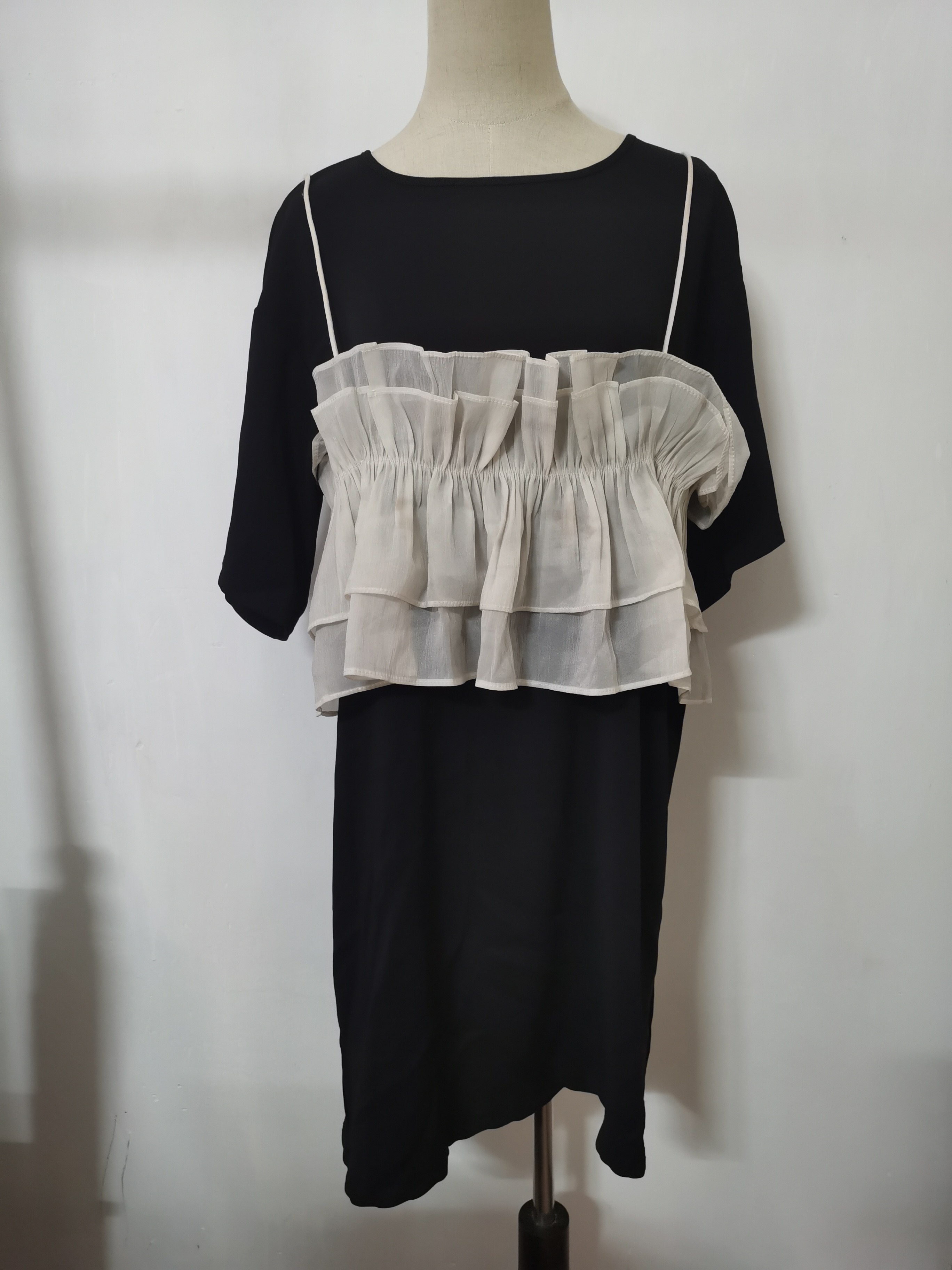 夏季设计感衬衫拼接假两件连衣裙赫本风小黑裙白领上班通勤西装裙