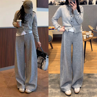 毛呢阔腿裤女2025冬季新款加厚灰色裤子高腰显瘦垂感羊毛云朵裤