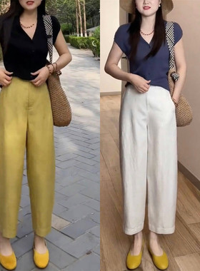 天丝亚麻气球裤女2026夏季款高腰小个子九分裤垂感垂感麻料哈伦裤