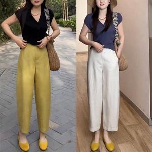 天丝亚麻气球裤女2026夏季款高腰小个子九分裤垂感垂感麻料哈伦裤