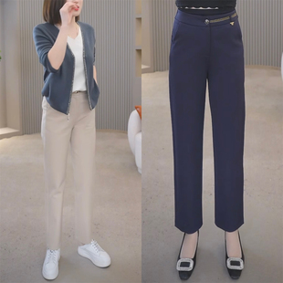 时尚窄版直筒裤女2025春季新款百搭显瘦松紧腰九分弹力休闲烟管裤