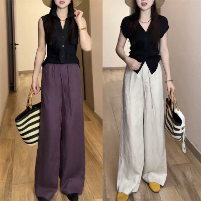天丝亚麻阔腿裤女2025夏季款裤子