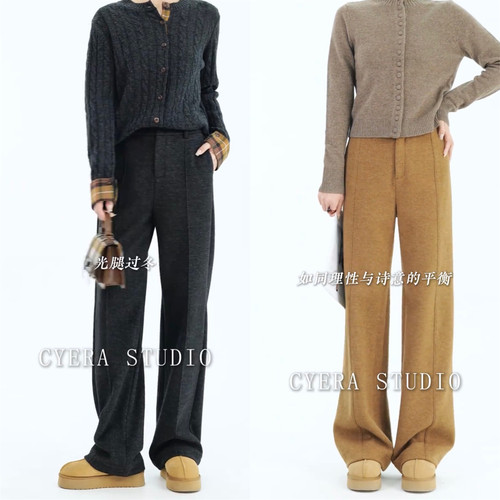羊毛加厚阔腿裤女2025冬季新款极简羊毛呢垂感显瘦窄版直筒西装裤