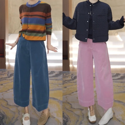 粉色灯芯绒窄版阔腿裤女2026秋季款高腰显瘦时尚休闲裤宽松直筒裤