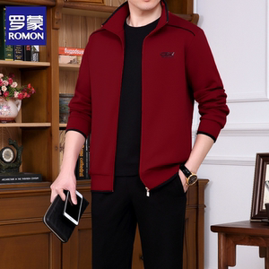 罗蒙休闲运动服套装三件套中老年人男春秋季爸爸装男士开衫衣服